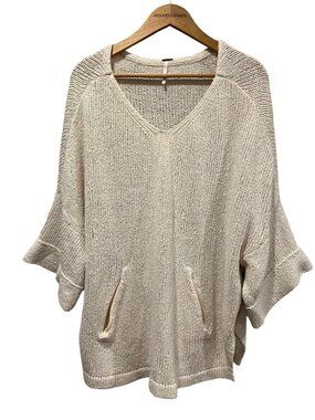 Free People Oversized V-neck Kangaroo Pocket Sweater, Ivory, S